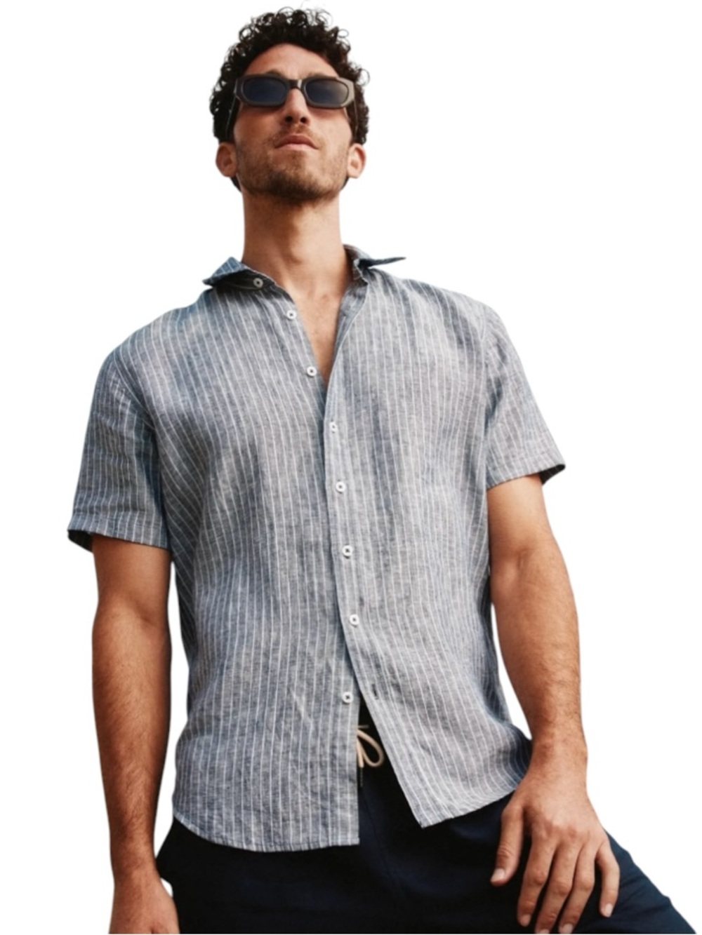 Quince European Linen Shirt Chambray Stripe Relaxed Short Sleeve Men’s Large